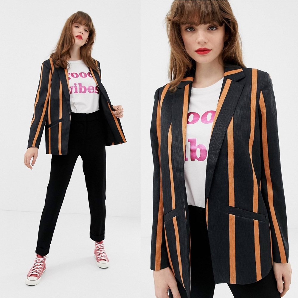 Soaked In Luxury Stripe Blazer Black Tan Open Front Size Small